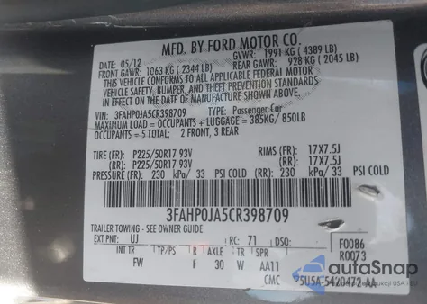 2012 Ford Fusion Sel from USA, damaged, VIN 3FAHP0JA5CR398709